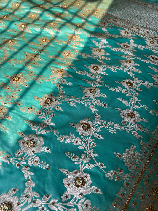 Turquoise Green Hand Work Saree – Mashru Silk with Cut Work Jaal Design