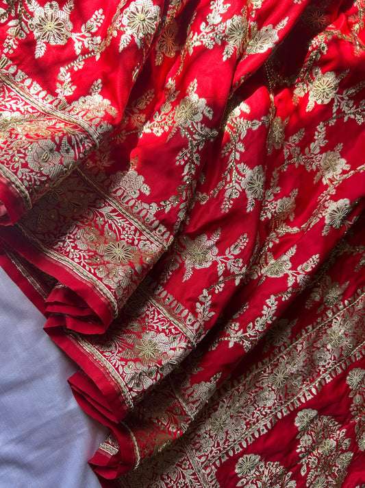 Red Bridal Zardozi Saree | Luxurious Mashru Silk with Copper Zari ✨