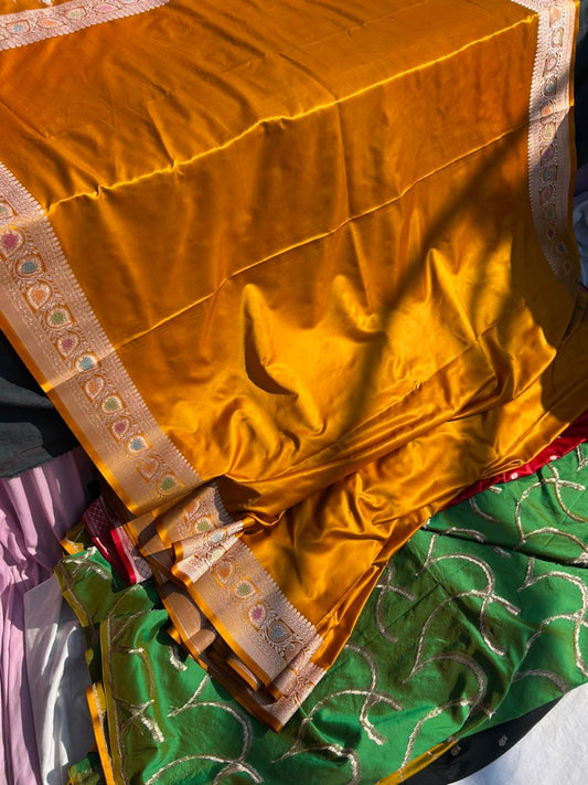 Mustard Yellow Mashru Silk Meenakari Handcrafted Saree | Premium Hath Rang Work