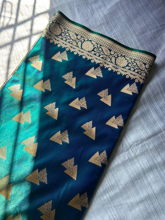 Morni Blue Dual Shade Satin Silk Saree with Geometrical Triangle Design | Peacock Blue Dhoop-Chaon Party Wear Saree
