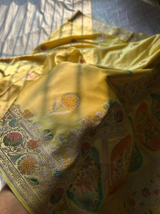 Lemon Yellow Mashru Silk Saree with Hand-Painted Meenakari Pallu