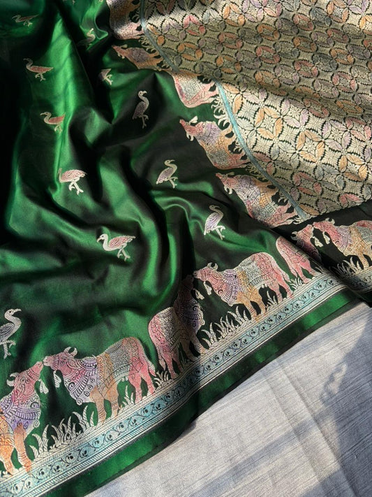 Exclusive Nandi Hath Rang Bottle Green Mashru Katan Silk Saree with Hand-Painted Meenakari & Pichwai Sikargha Border | Premium Banarasi Designer Saree