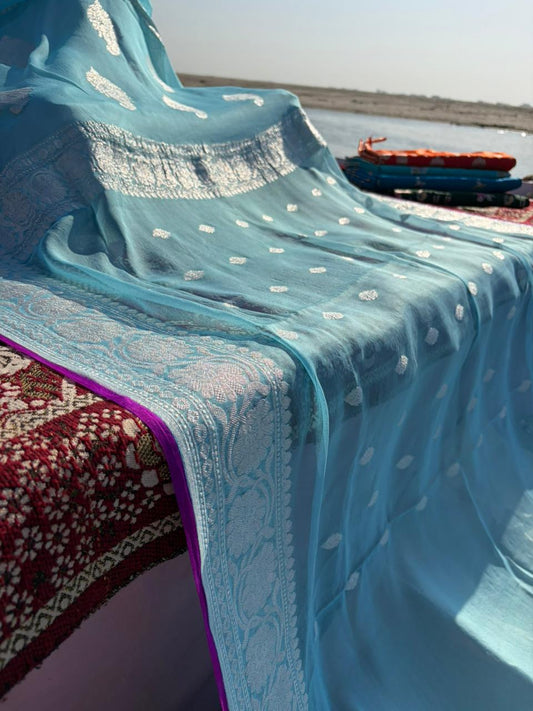 Ice Blue Khadi Georgette Saree with Magenta Purple Contrast – Handloom Elegance | Lightweight Premium Saree