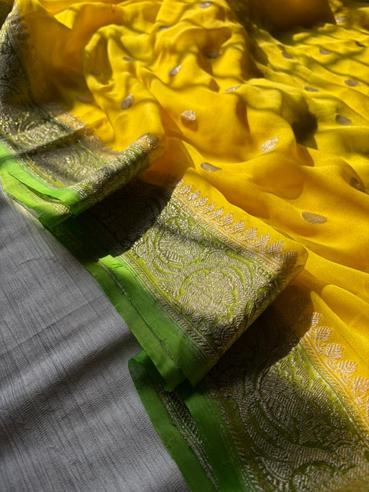 Lemon Yellow & Kaccha Aam Green Khadi Georgette Saree with Real Silver Zari