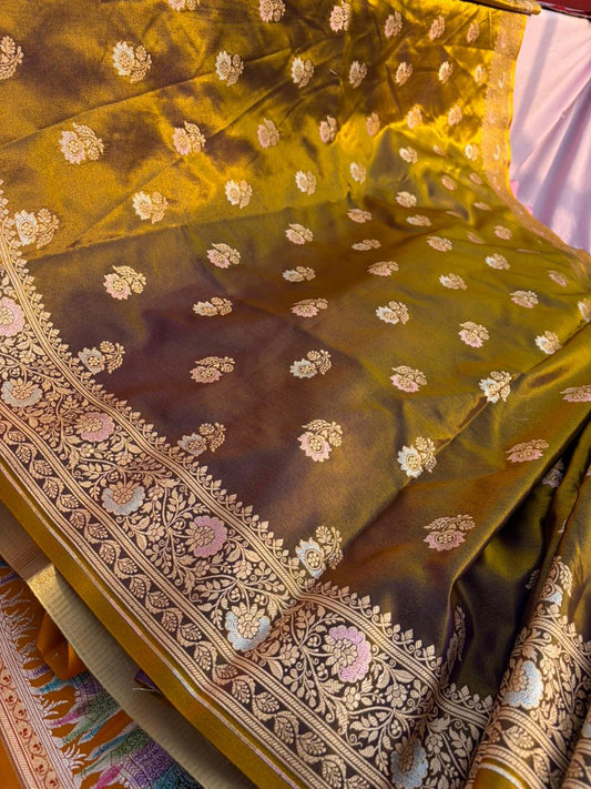 Golden Satin Silk Saree with Pink & Silver Meenakari Work | Soft Lightweight Designer Saree | Premium Party Wear