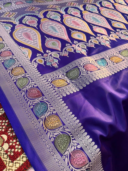 Neel Kalamkari Mashru Silk Saree | Handpainted Hath Rang Border | Rose Gold Zari | Minimal Designer Saree