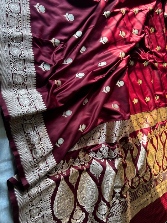 Maroon Sona Rupa Butti Mashru Silk Saree – Subtle Shine, Timeless Grace