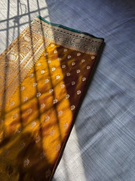 Sunburn Golden Satin Silk Saree with Rama Green Contrast Pallu & Blouse | Leaf Floral Design Party Wear Saree