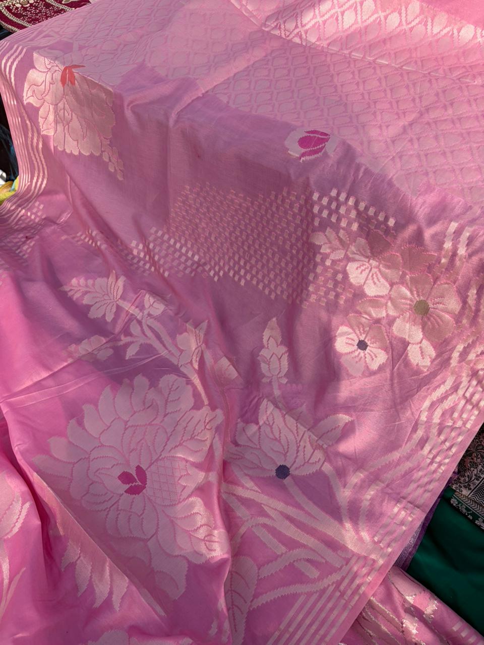 Designer Raw Mango Silk Saree | Nude Baby Pink | Stripe Border & Big Flower Design