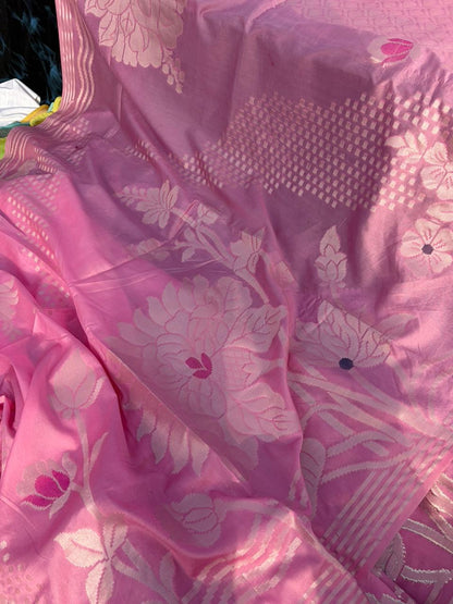 Designer Raw Mango Silk Saree | Nude Baby Pink | Stripe Border & Big Flower Design