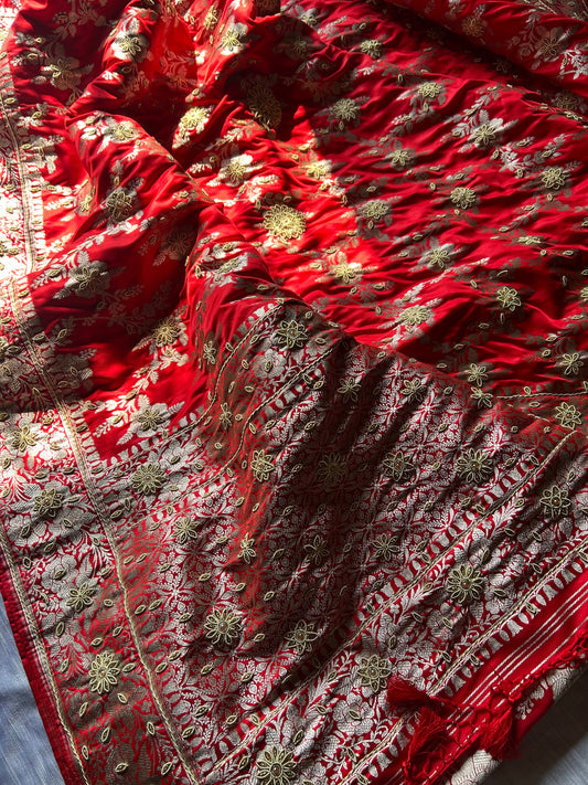 Lal Mirchi Red Zardozi Hand Work Saree | Floral Jall Mashru Satin Silk