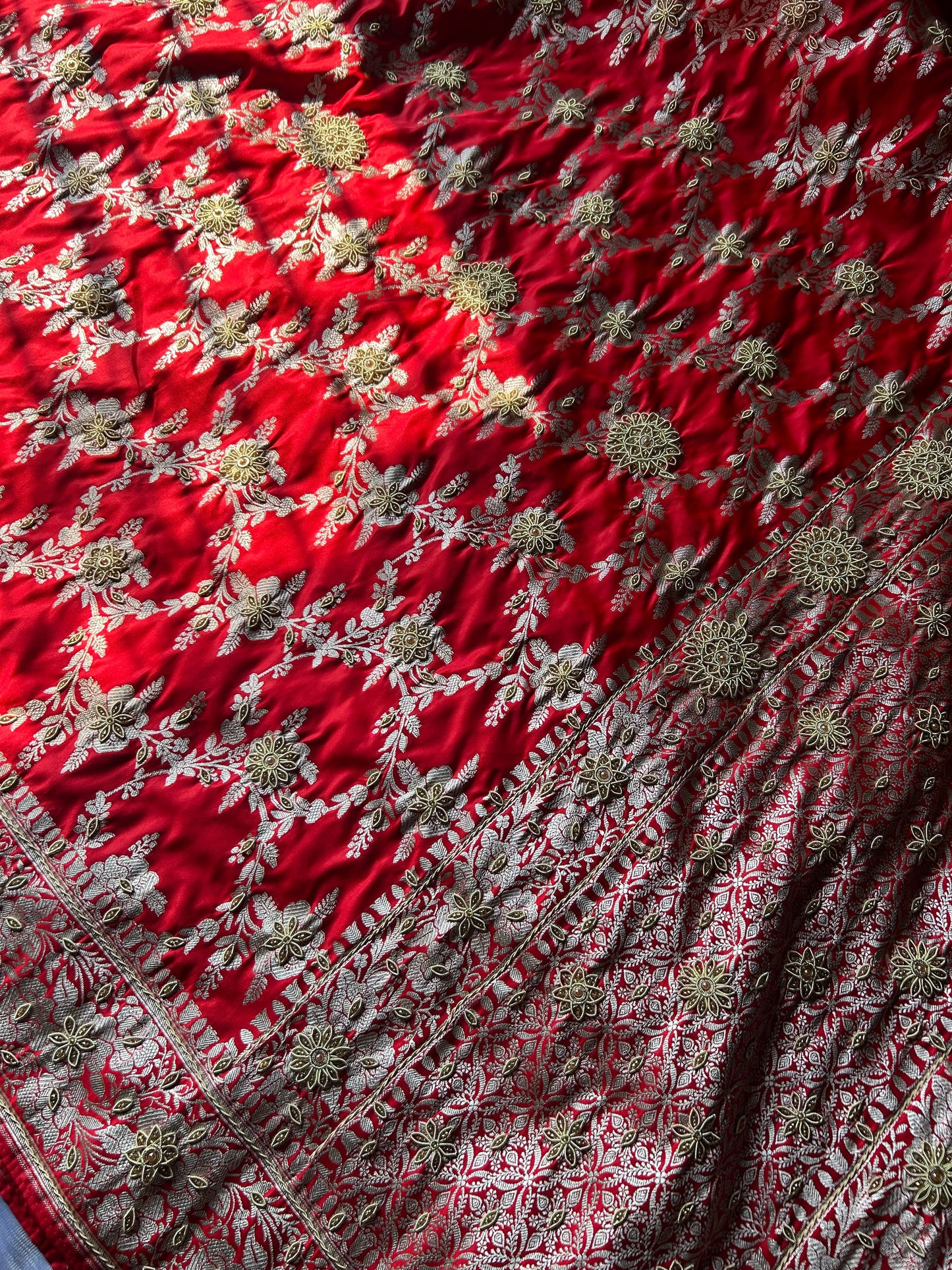 Lal Mirchi Red Zardozi Hand Work Saree | Floral Jall Mashru Satin Silk