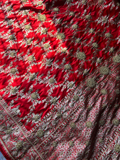 Lal Mirchi Red Zardozi Hand Work Saree | Floral Jall Mashru Satin Silk