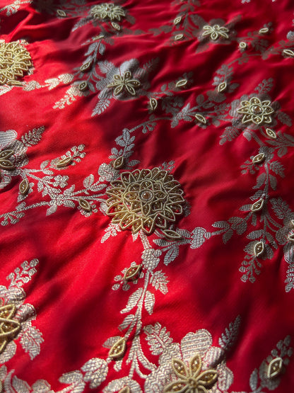 Lal Mirchi Red Zardozi Hand Work Saree | Floral Jall Mashru Satin Silk