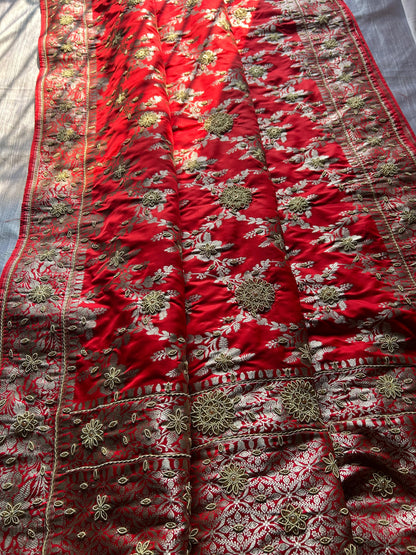 Lal Mirchi Red Zardozi Hand Work Saree | Floral Jall Mashru Satin Silk