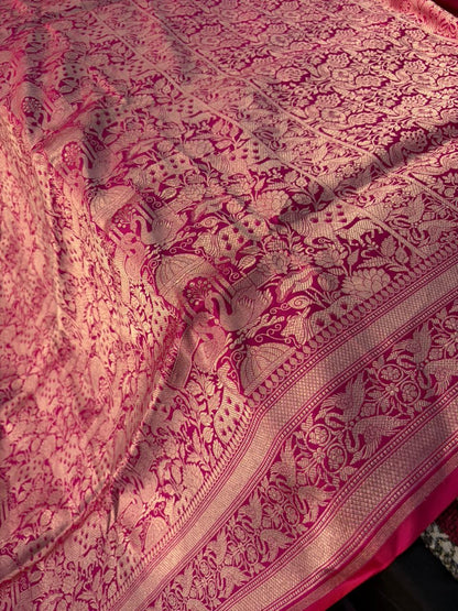 Shikargah Pichwai Hot Pink Pure Katan Silk Saree | Peacock Border | Banarasi Handloom