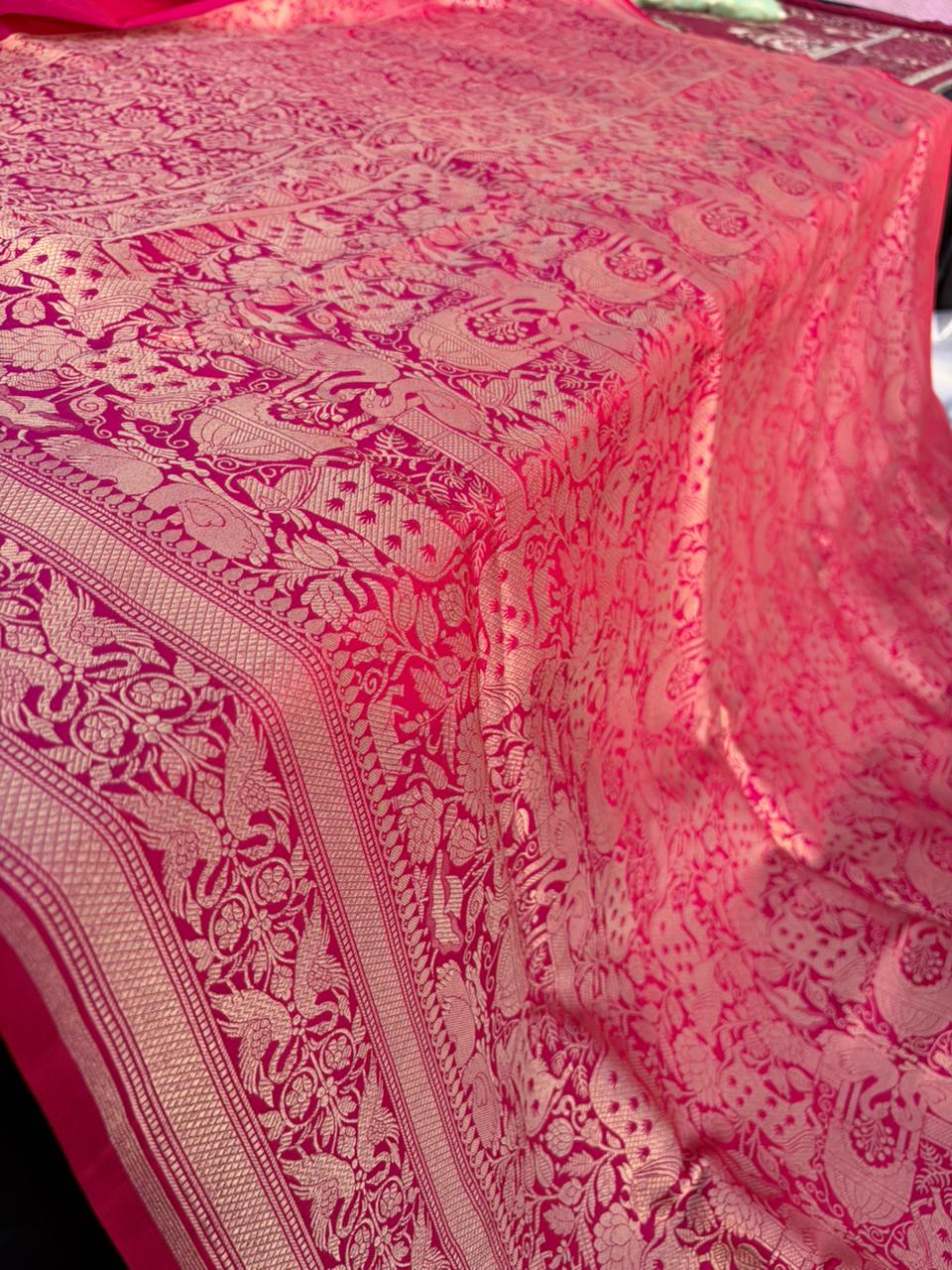 Shikargah Pichwai Hot Pink Pure Katan Silk Saree | Peacock Border | Banarasi Handloom
