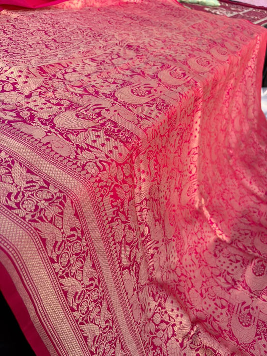 Shikargah Pichwai Hot Pink Pure Katan Silk Saree | Peacock Border | Banarasi Handloom