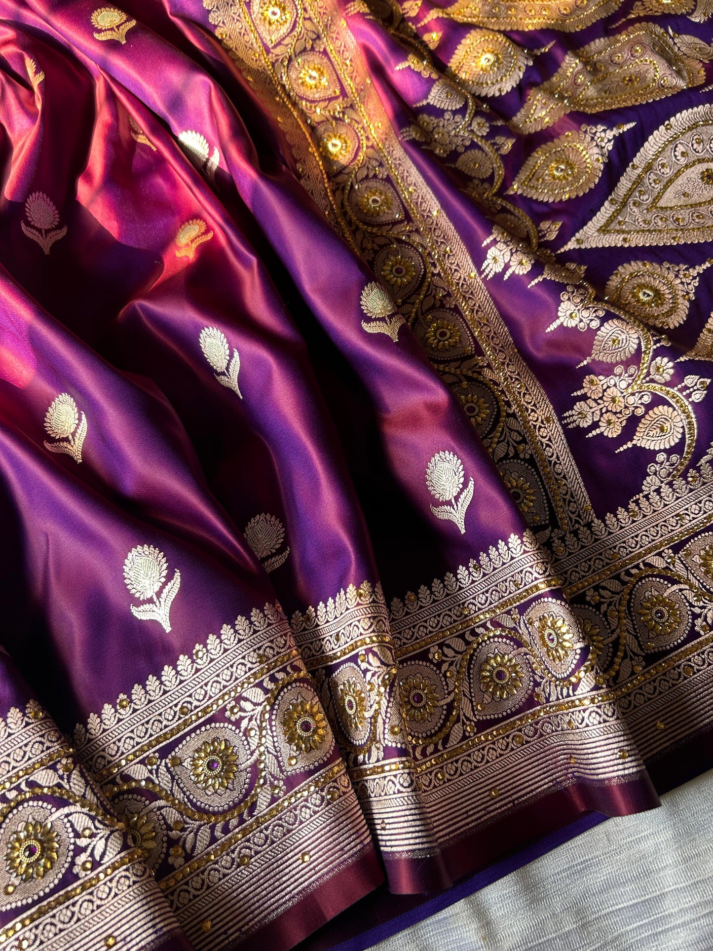 Dhoop Chaav Magenta Blue Dual Shade Saree – Mashru Silk with Hand Crystal Work