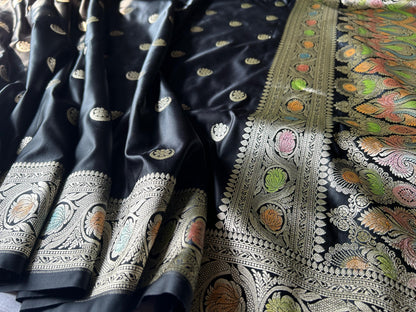 Hand Brush Black Mashru Silk Saree – Chand Butti with Artistic Aanchal Border