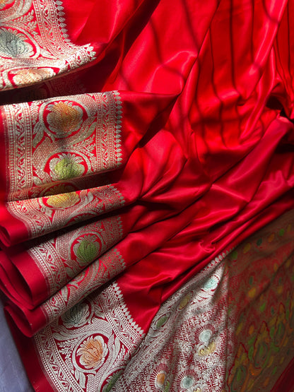 Pure Hand Brush Red Mashru Silk Saree – Minimalist Elegance in Plain Design