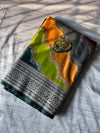 Hand-Painted Rangkart Saree – Mashru Silk | Bottle Green with Copper Zari
