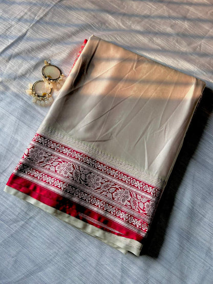 Off-White Red Border Saree | Elegant Mashru Silk Saree