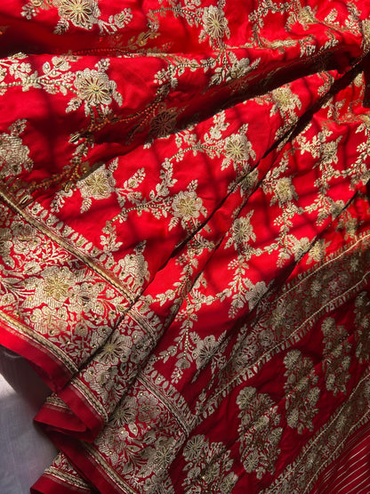 Red Bridal Zardozi Saree | Luxurious Mashru Silk with Copper Zari ✨