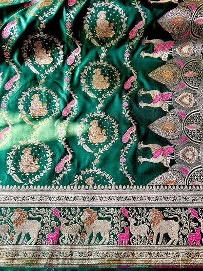 Bottle Green Sikargah Satin Katan Silk Saree