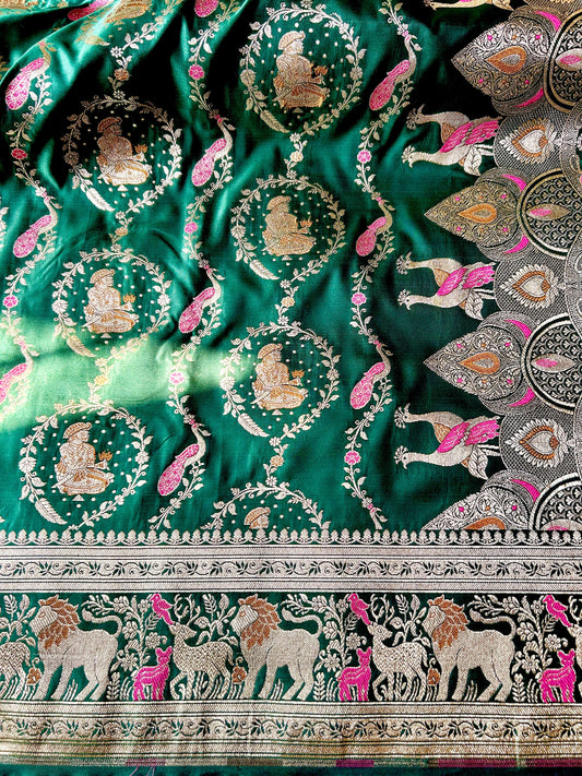 Bottle Green Sikargah Satin Katan Silk Saree