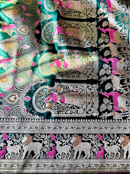 Bottle Green Sikargah Satin Katan Silk Saree