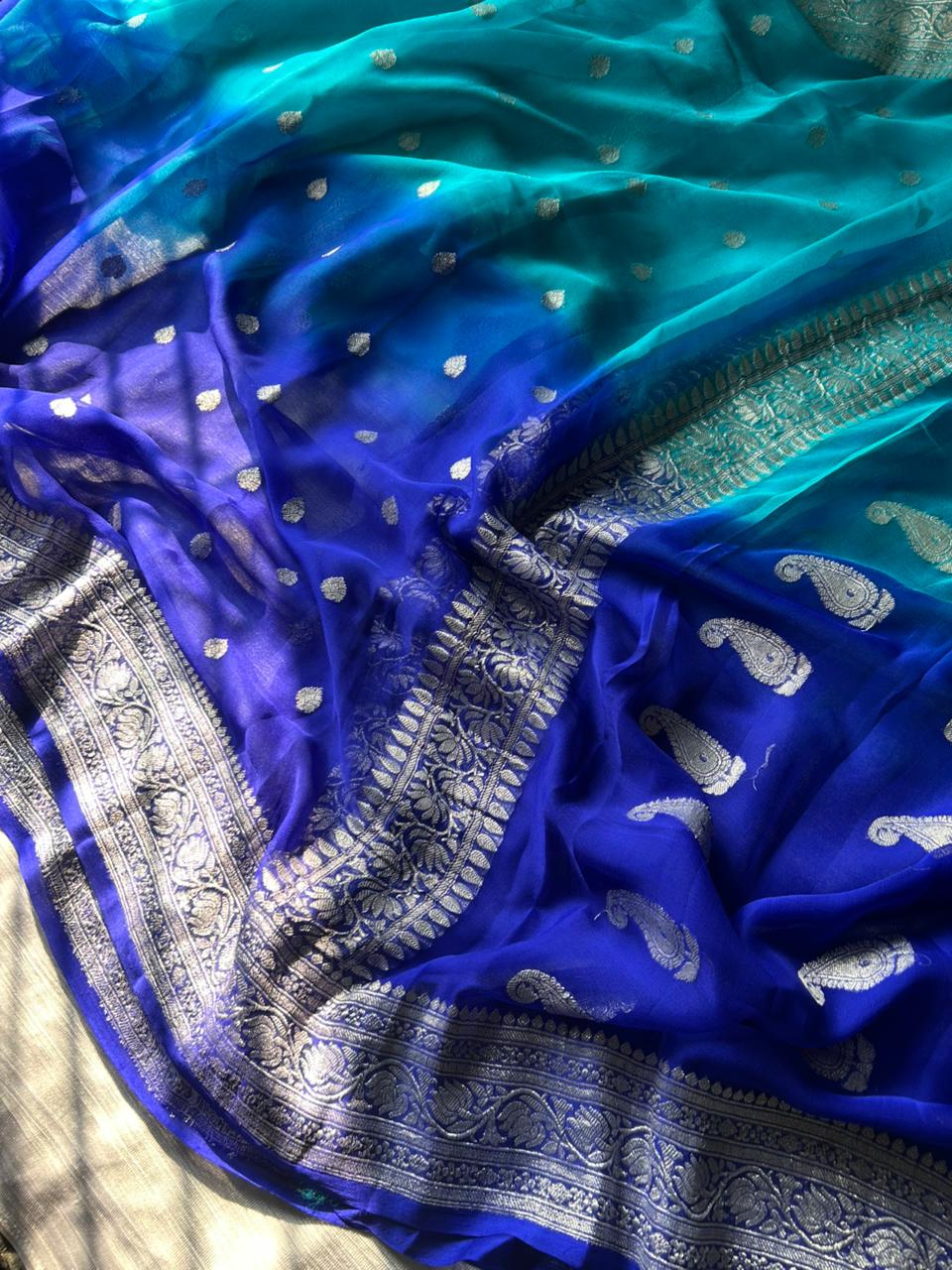 Rare Royal & Light Blue Dual-Tone Pure Georgette Saree | Real Silver Zari