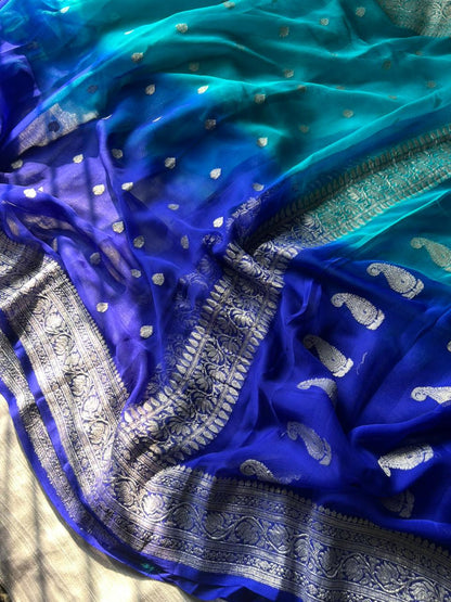 Rare Royal & Light Blue Dual-Tone Pure Georgette Saree | Real Silver Zari