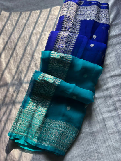 Rare Royal & Light Blue Dual-Tone Pure Georgette Saree | Real Silver Zari
