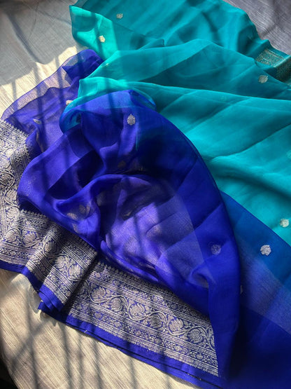 Rare Royal & Light Blue Dual-Tone Pure Georgette Saree | Real Silver Zari