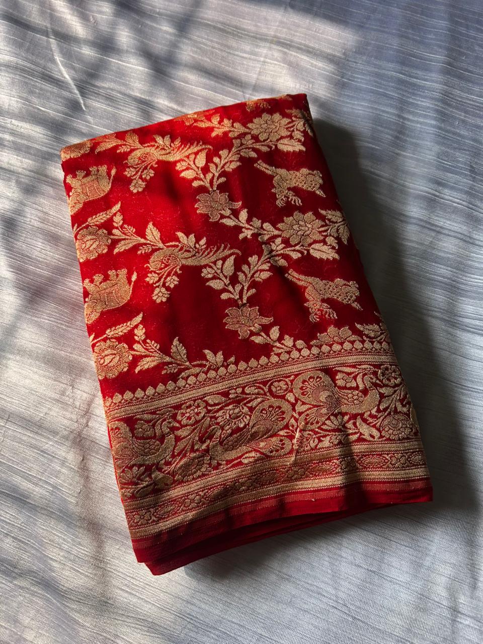 Pure Red Khadi Georgette Banarasi Shikargah Saree | Soft & Lightweight Handloom Silk