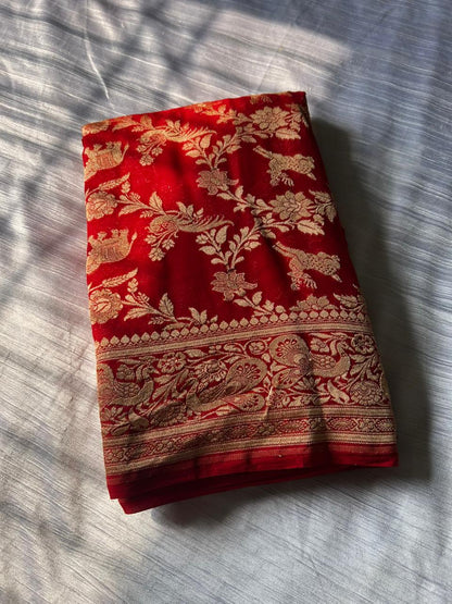 Pure Red Khadi Georgette Banarasi Shikargah Saree | Soft & Lightweight Handloom Silk