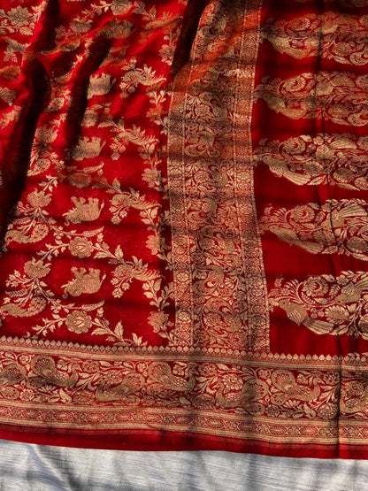 Pure Red Khadi Georgette Banarasi Shikargah Saree | Soft & Lightweight Handloom Silk