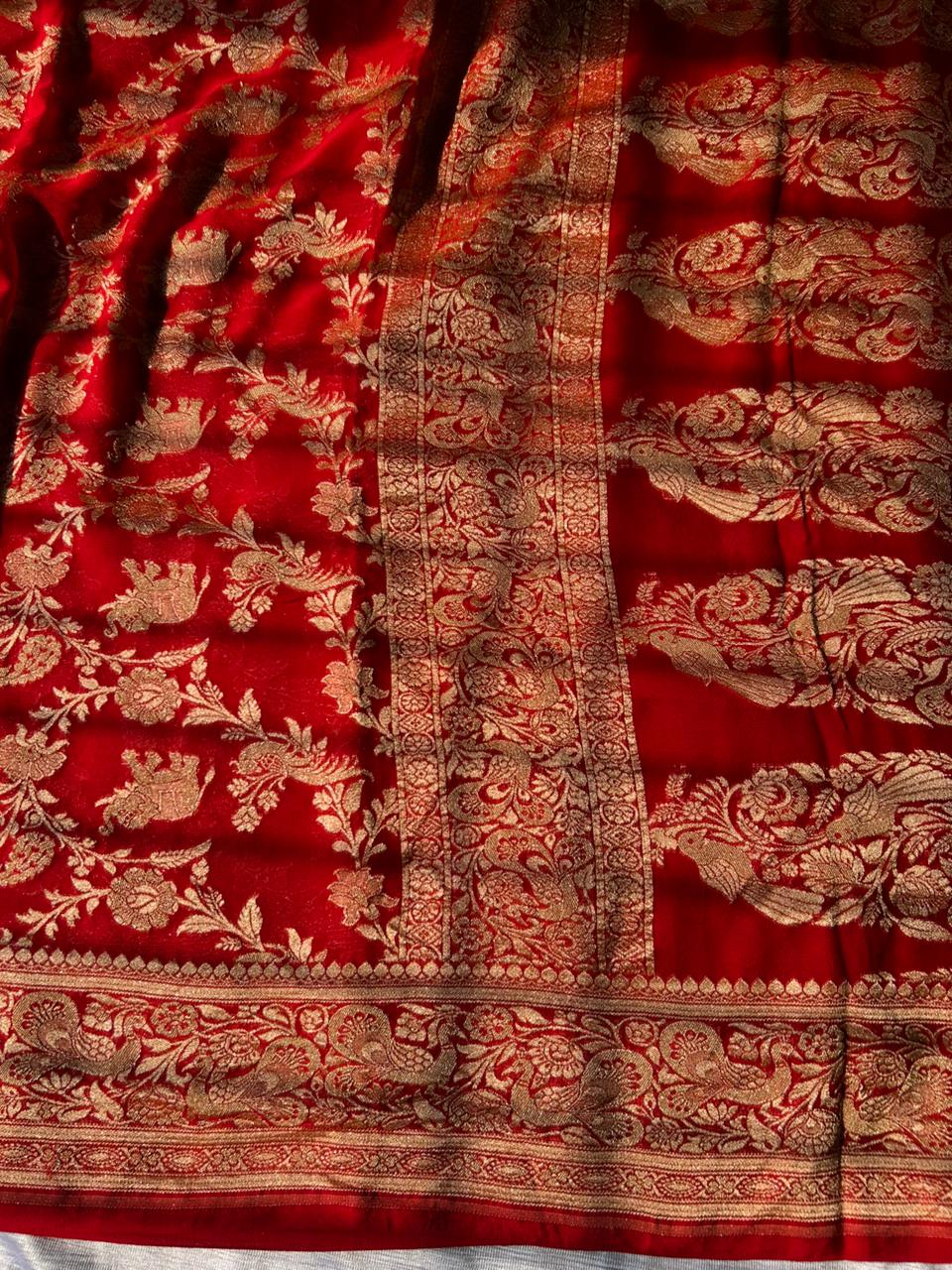 Pure Red Khadi Georgette Banarasi Shikargah Saree | Soft & Lightweight Handloom Silk