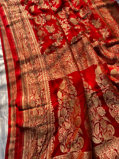 Pure Red Khadi Georgette Banarasi Shikargah Saree | Soft & Lightweight Handloom Silk