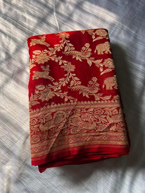 Pure Red Khadi Georgette Banarasi Shikargah Saree | Soft & Lightweight Handloom Silk