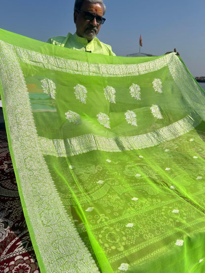 Liril Green 100% Pure Khadi Georgette Saree | Real Silver Zari | 300g Handmade Ring Test