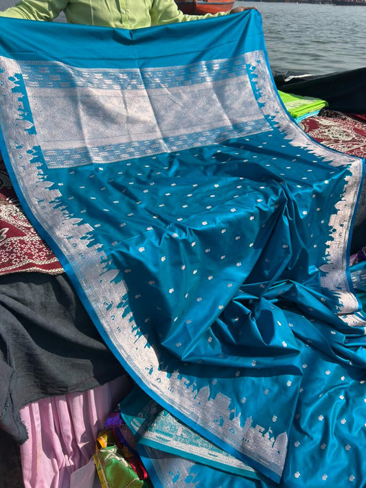 Rama Blue Mashru Silk Banaras Ghat Saree | Double Side Ghat Border | Traditional Butti Design
