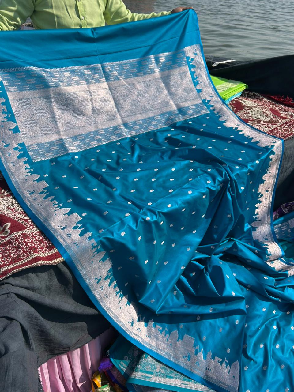 Rama Blue Mashru Silk Banaras Ghat Saree | Double Side Ghat Border | Traditional Butti Design