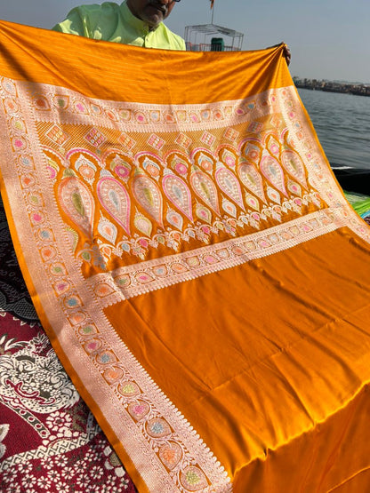 Mustard Yellow Mashru Silk Meenakari Handcrafted Saree | Premium Hath Rang Work