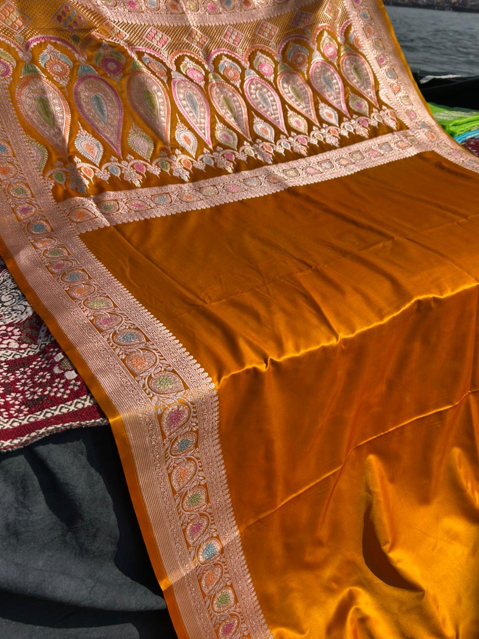 Mustard Yellow Mashru Silk Meenakari Handcrafted Saree | Premium Hath Rang Work