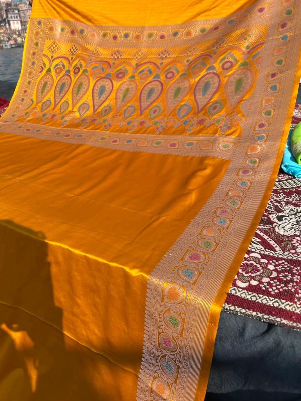 Mustard Yellow Mashru Silk Meenakari Handcrafted Saree | Premium Hath Rang Work
