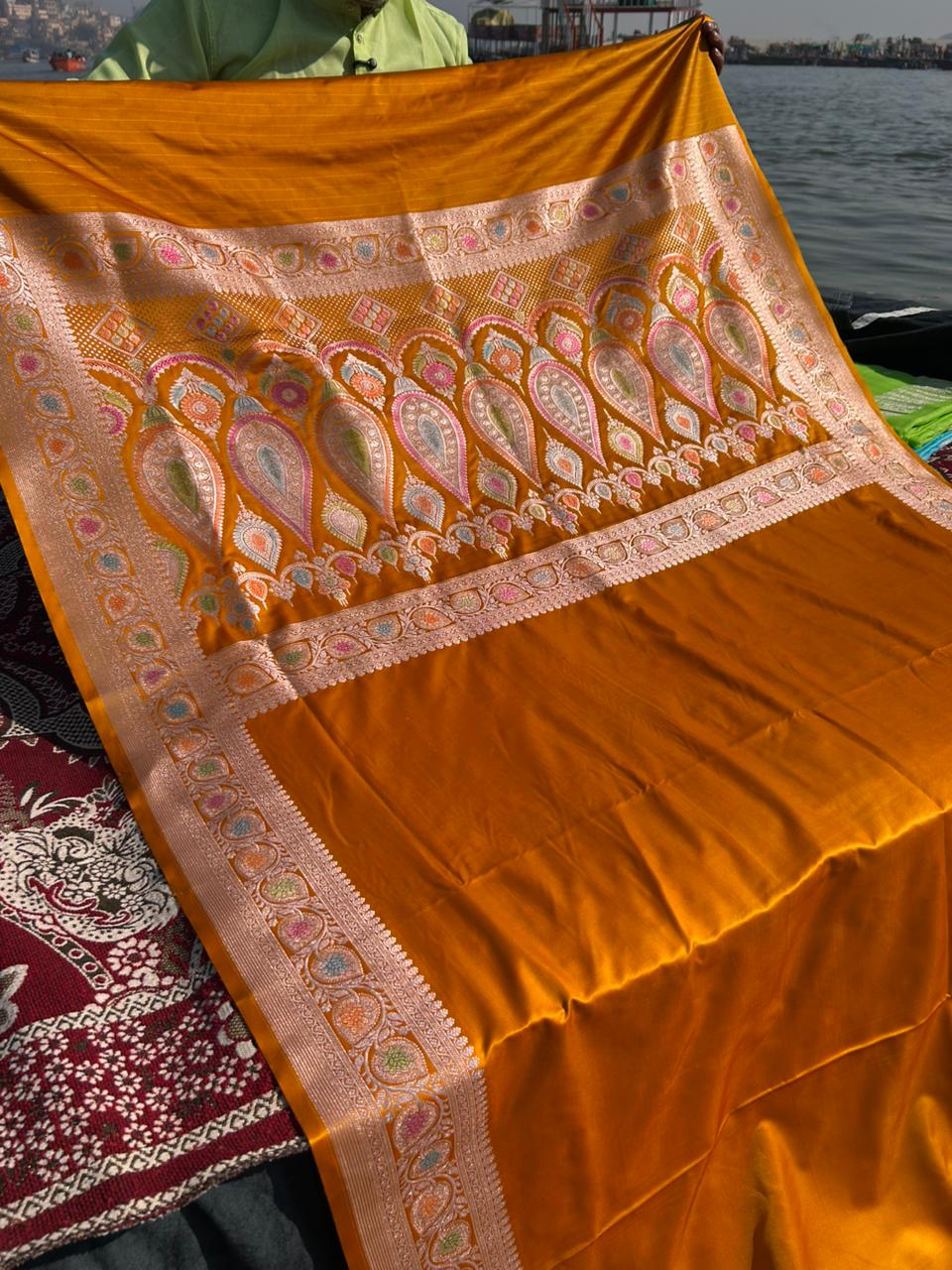 Mustard Yellow Mashru Silk Meenakari Handcrafted Saree | Premium Hath Rang Work