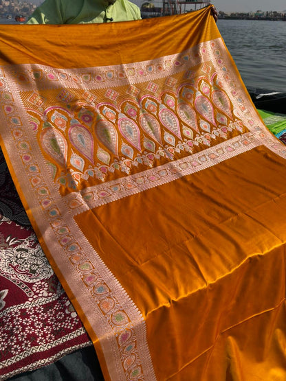 Mustard Yellow Mashru Silk Meenakari Handcrafted Saree | Premium Hath Rang Work