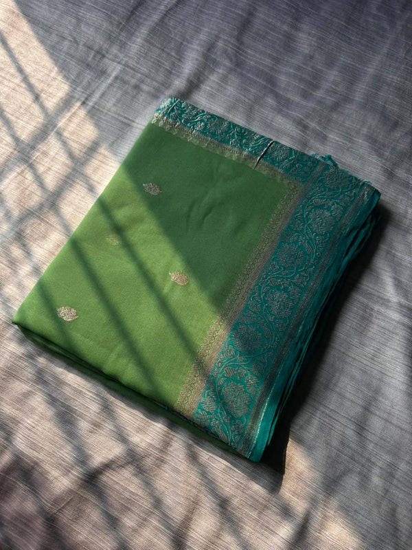 Pista Green Contrast Khadi Georgette Ring Test Saree | Sea Green Border & Real Silver Zari | 300g Handmade